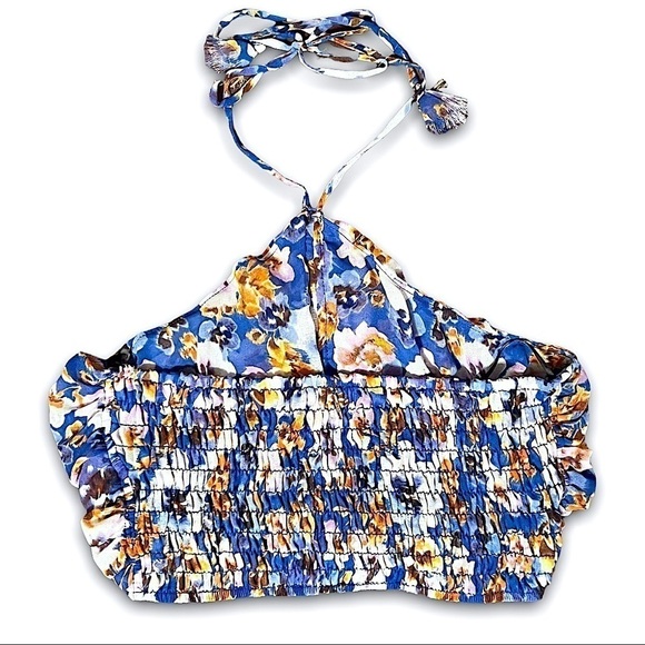 MISA LOS ANGELES Floral Ruched Smocked Sleeveless Halter Neck Chiffon Crop Top M - Picture 8 of 16